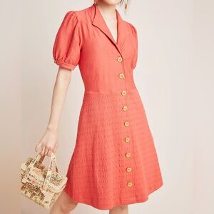 Anthropologie Maeve Collared Button Front Dress In Orange Size M 98% Cotton